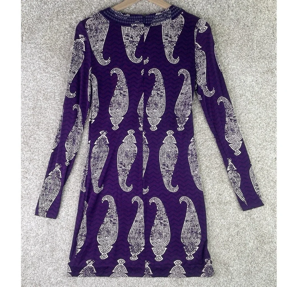 Tory Burch Silk‎ Paisley Mini Dress Womens Small Purple Embellished Long Sleeve